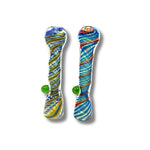 Hand-blown glass chillum pipes with rainbow spiral patterns and side grip marble in assorted vibrant designs.