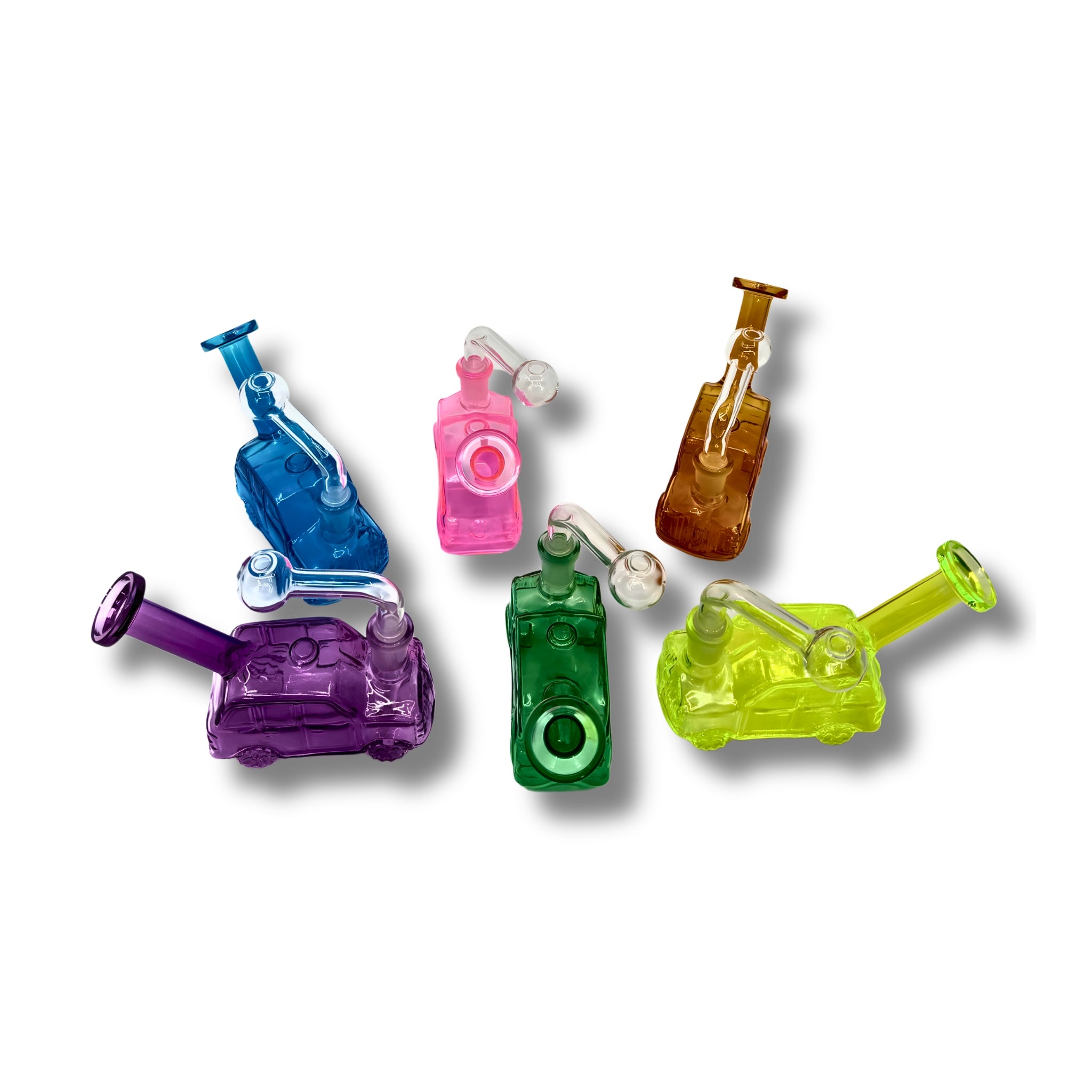 Colorful car-shaped glass oil burner rigs with side mouthpiece and round bowl attachment in assorted transparent colors.
