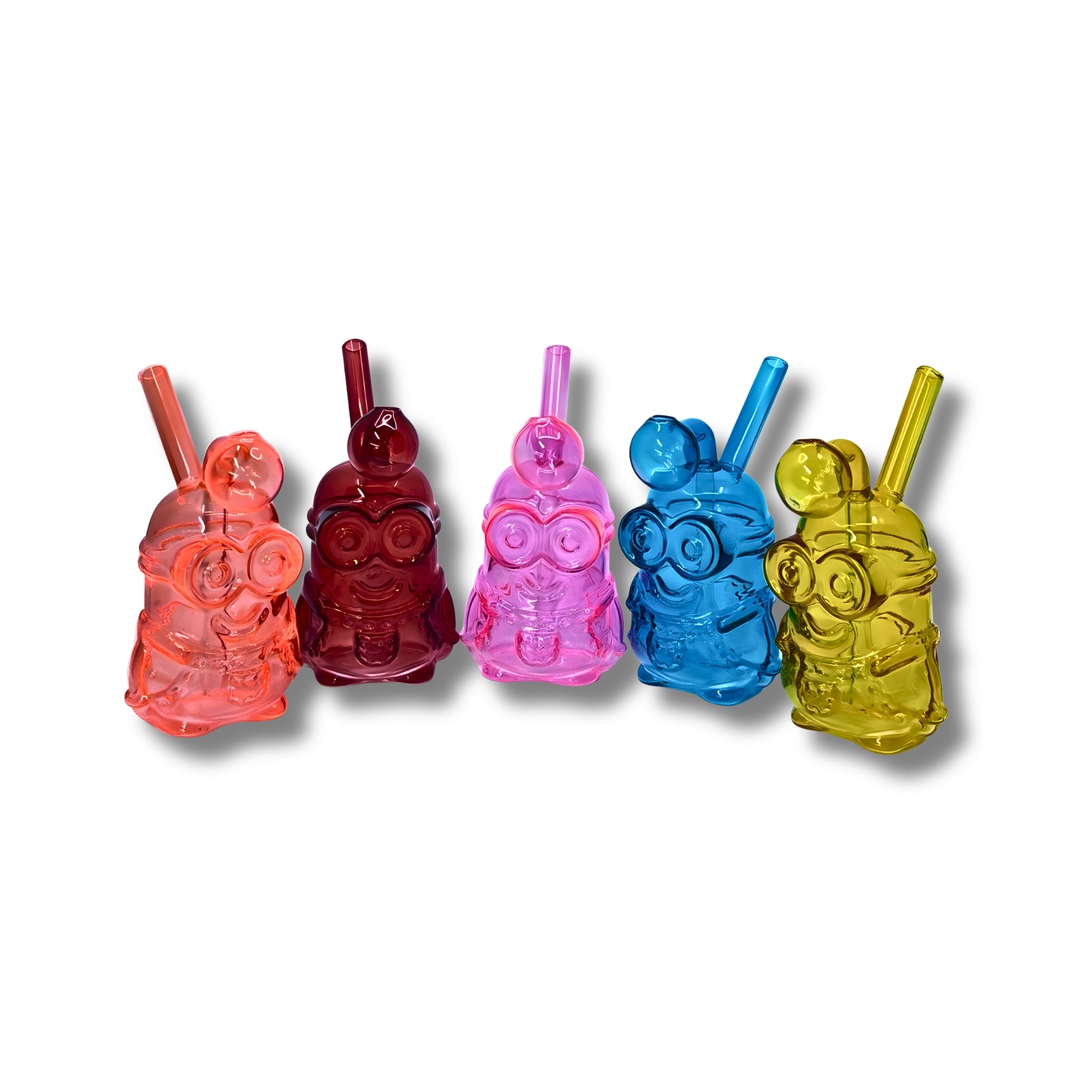 Colorful minion character glass oil burner pipes in orange, red, pink, blue, and yellow with detailed cartoon design.