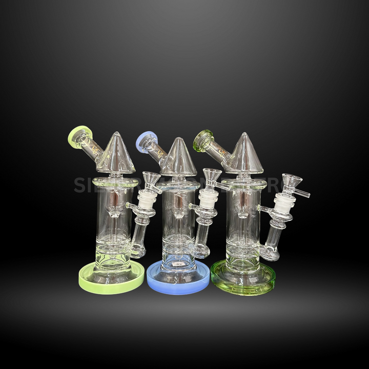 This image displays a set of Clear Glass Cone Top Water Pipes, designed for both functionality and aesthetic appeal. Featuring a minimalist design, these water pipes have a transparent cone-shaped top and a cylindrical body, some with colorful accents in green and blue on the base. In color light green, blue, and lime green.