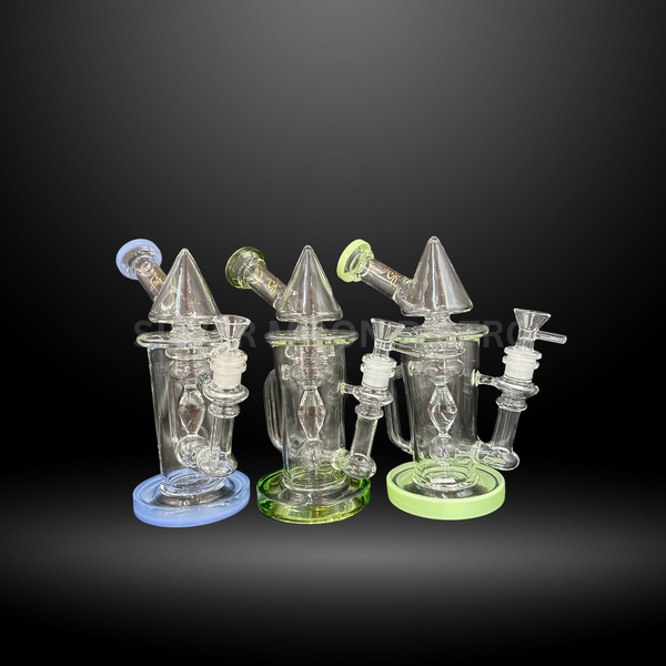 This image displays a collection of glass water pipes, specifically designed with cone tops and presented in a variety of colors. The cones are sleek and pointed, sitting atop a rounded base that has a colorful rim, enhancing the visual appeal of the pieces.