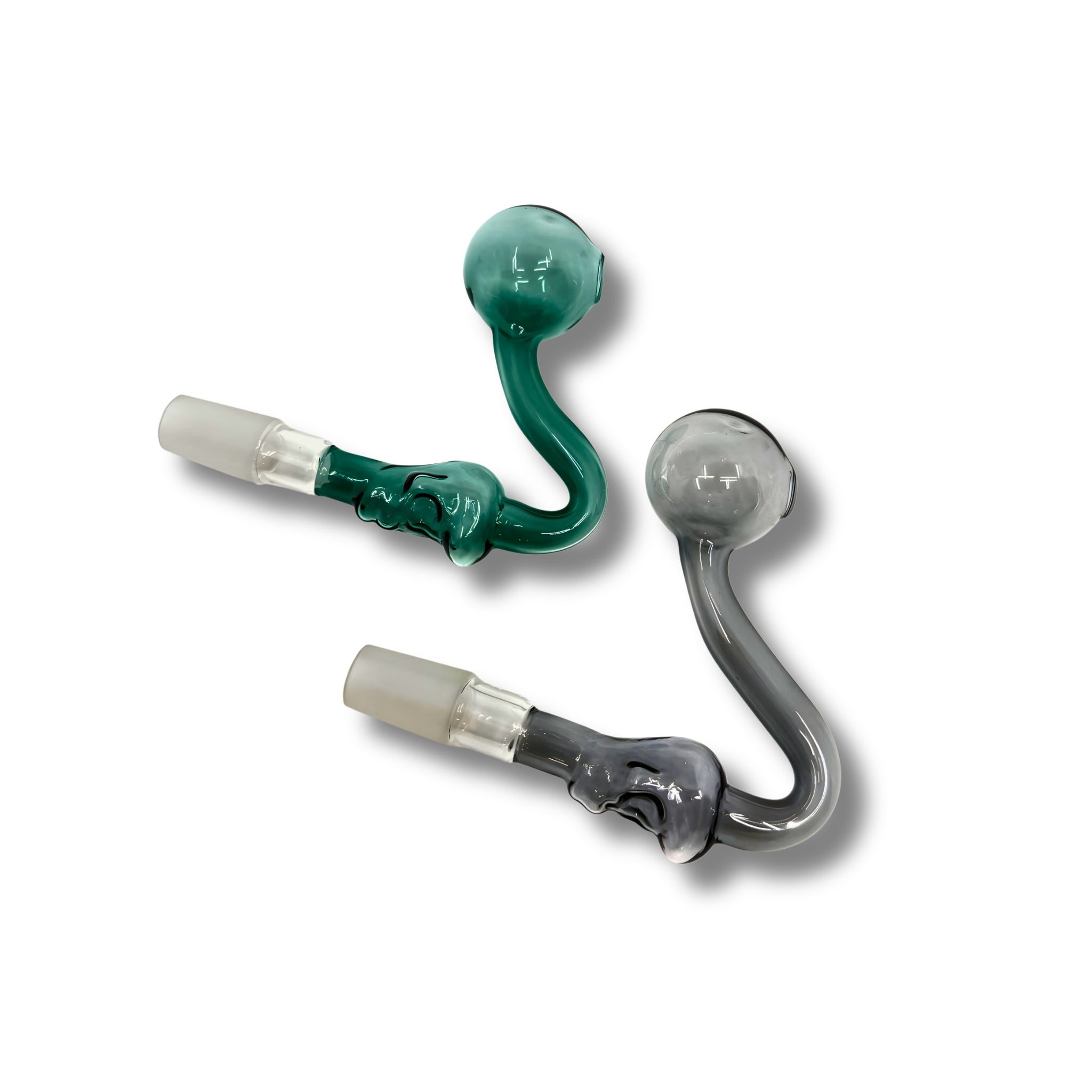 Colored glass oil burner pipe with curved stem, round bubble bowl, and frosted 14mm joint.