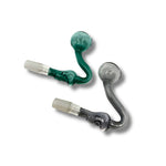 Colored glass oil burner pipe with curved stem, round bubble bowl, and frosted 14mm joint.