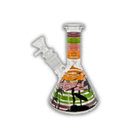 Mini beaker-style glass water pipe featuring colorful striped design with palm trees and surfer silhouette artwork.