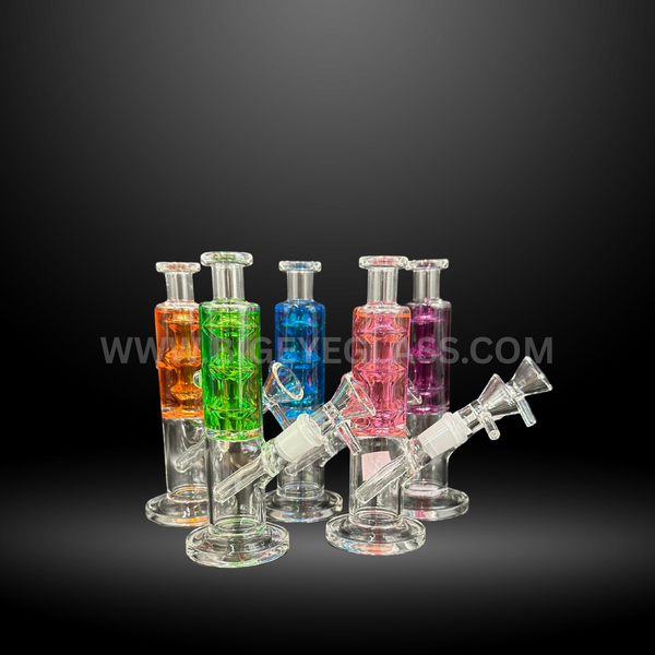 Assorted glycerin percolator water pipes in orange, green, blue, pink, and purple. Premium wholesale glass bongs with multiple chambers for smooth hits.