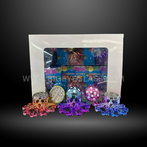 Shiny octopus-shaped metal herb grinders in blue, purple, and gold colors displayed with retail packaging. Durable 4-piece design for smooth grinding.