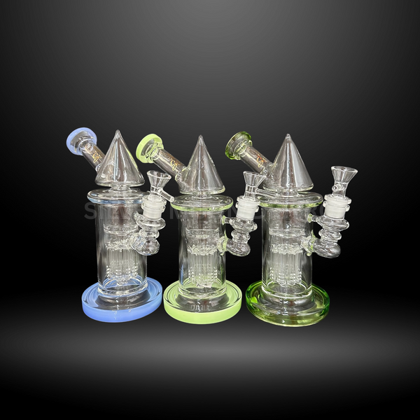 This image displays three Cone Base Glass Water Pipes, model HXCP 434, each featuring a distinct color accent—blue, clear, and green—on the base and top. The glasses are transparent, showcasing intricate internal designs and structures that enhance the smoking experience.