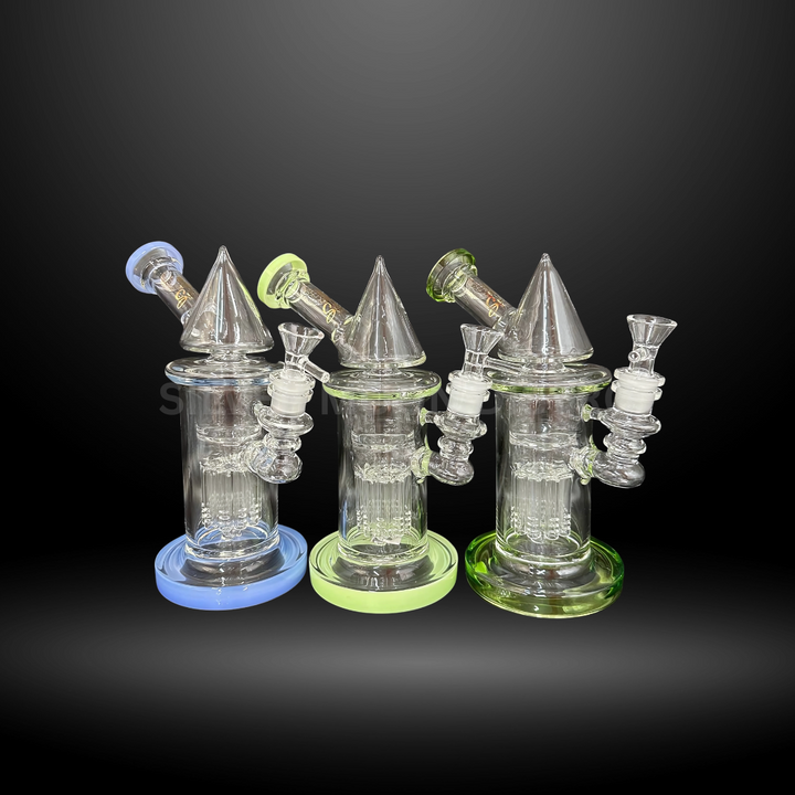 This image displays three Cone Base Glass Water Pipes, model HXCP 434, each featuring a distinct color accent—blue, clear, and green—on the base and top. The glasses are transparent, showcasing intricate internal designs and structures that enhance the smoking experience.