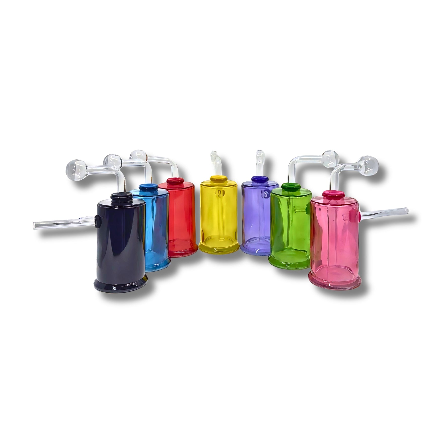 Cylinder-shaped glass dab rigs with side arm and clear top in multiple colors including black, blue, red, yellow, purple, green, and pink.
