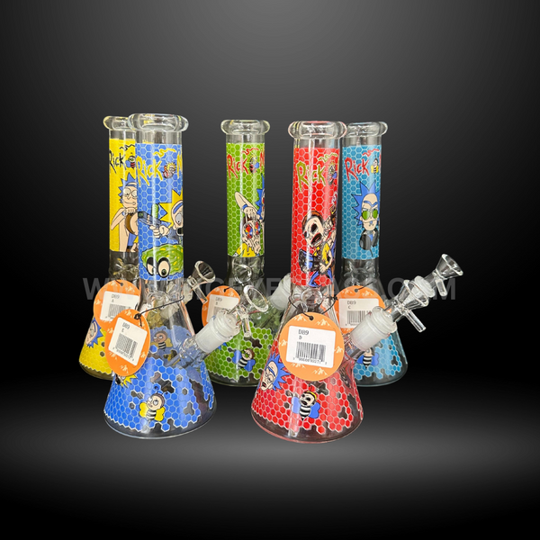 Assorted 10-inch beaker glass water pipes with Rick and Morty cartoon designs in red, blue, green, and yellow. Durable wholesale bongs for smoke shops and head shops.