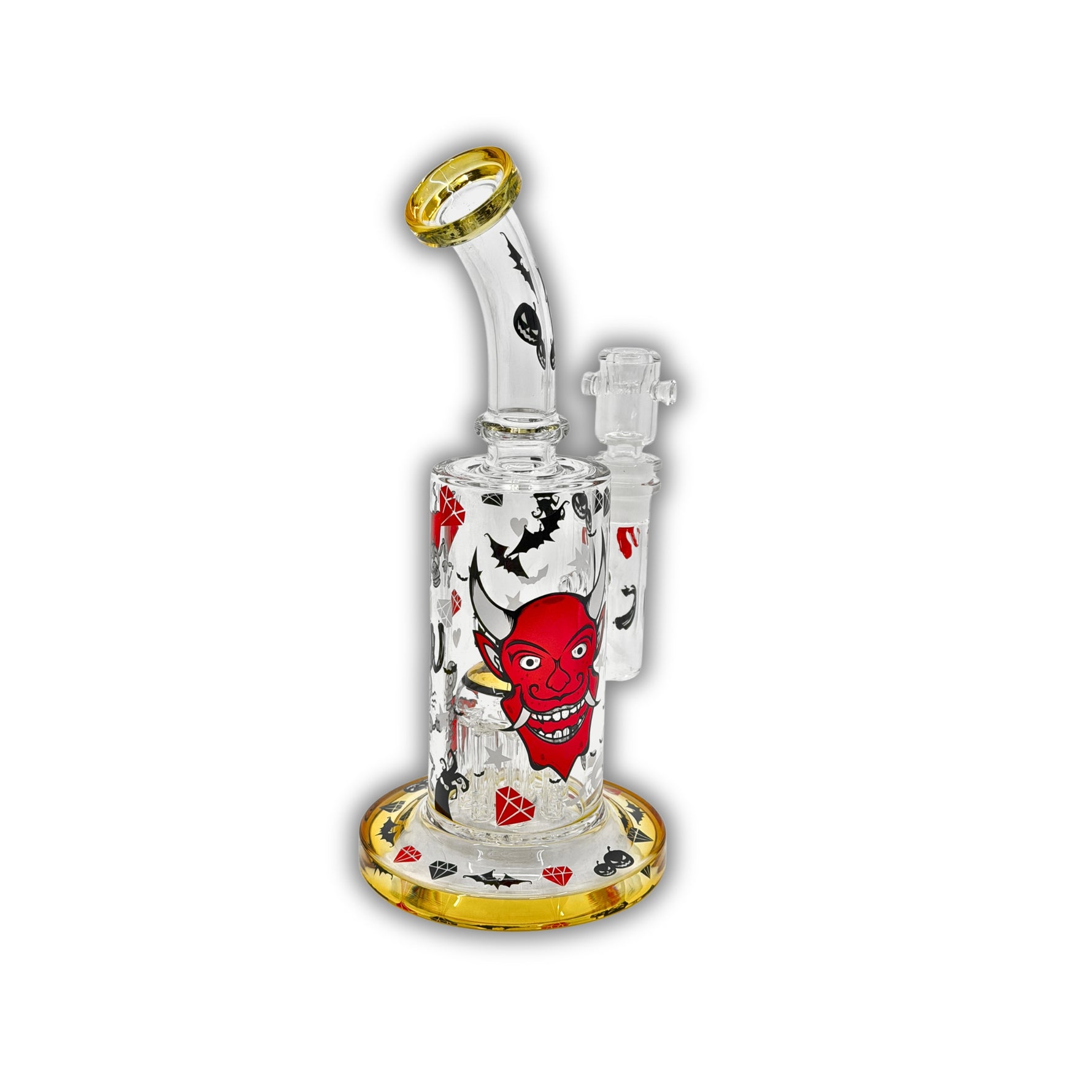 Mini glass bong with colorful zombie and devil graphics, gold-accented rim and base, and compact filtration chamber.