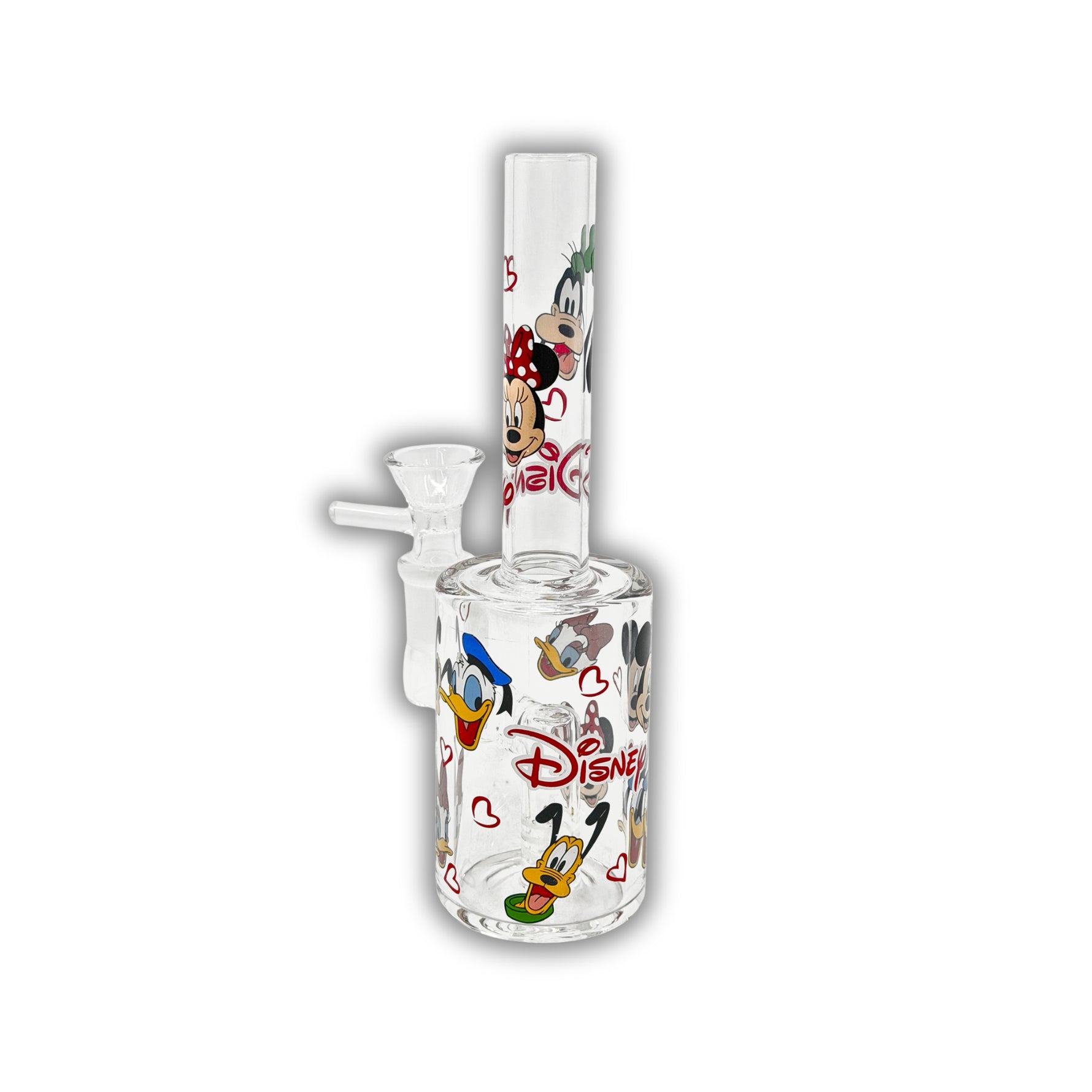 Clear mini straight tube bong featuring colorful cartoon-style character prints with flowers, hearts, and playful graphics.