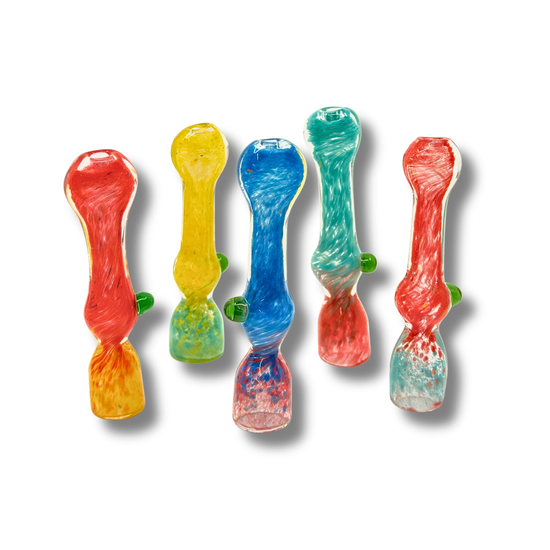 Assorted fumed glass chillum pipes with colorful swirl patterns in red, yellow, blue, and green.