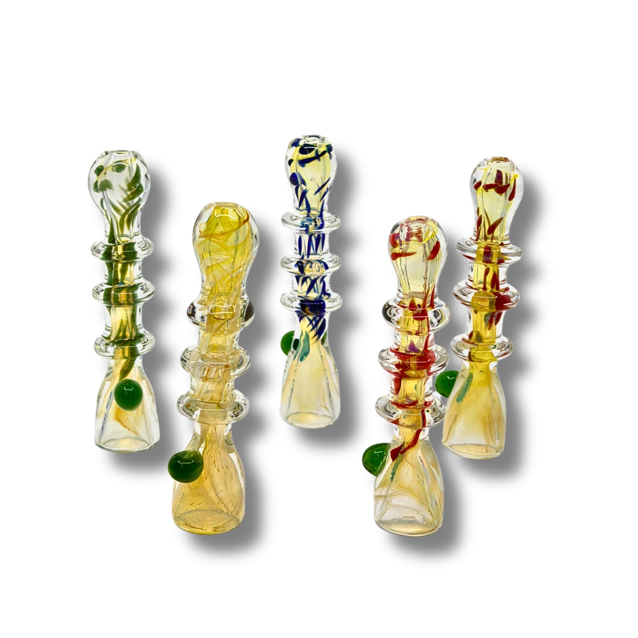 Fumed glass chillum pipes with ring grip design and colorful accents in green, blue, and red.