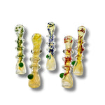Fumed glass chillum pipes with ring grip design and colorful accents in green, blue, and red.