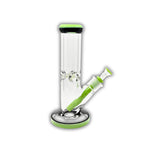 Clear straight tube glass water pipe featuring an inline downstem and colored mouthpiece and base accents.