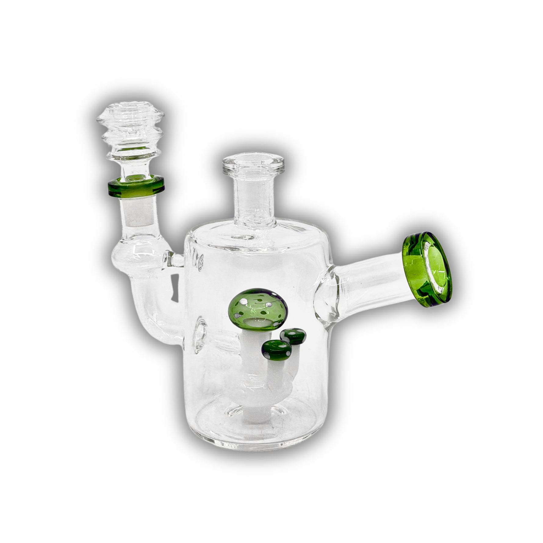 Compact sidecar glass dab rig featuring a mushroom-style percolator with colored accents and angled mouthpiece design.