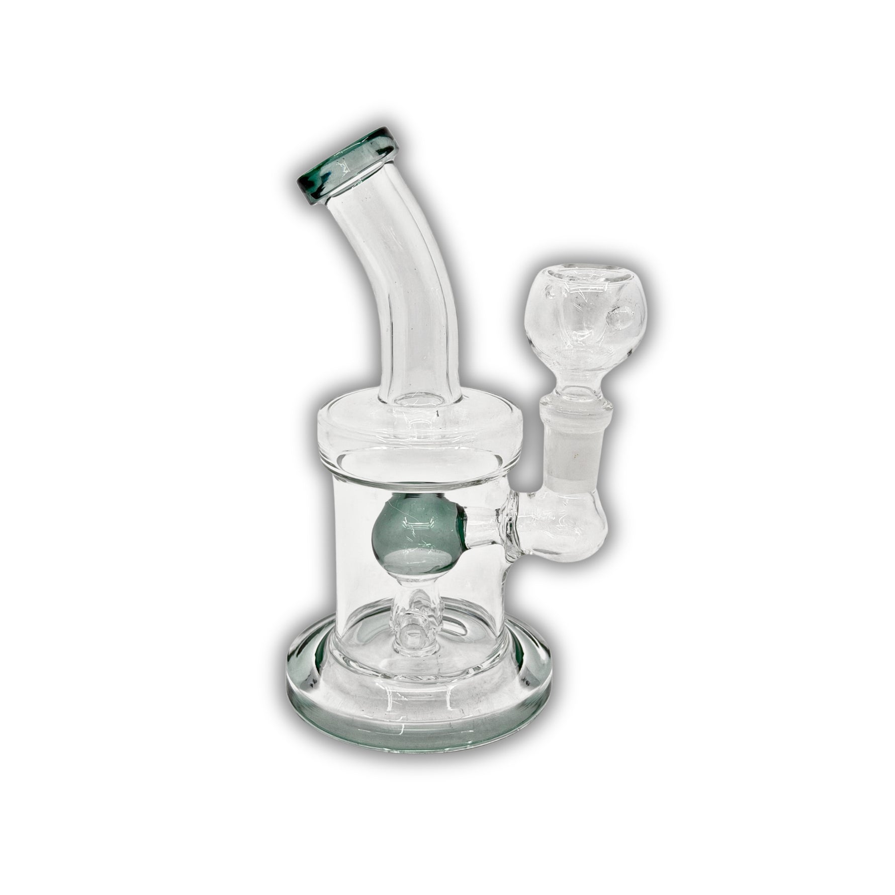 Clear glass water pipe with bent neck, UFO disc percolator, and colored inner chamber and base accents.