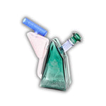 Geometric pyramid-shaped glass water pipe with colored translucent glass and angled mouthpiece.
