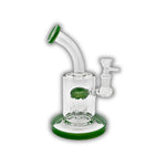 Compact glass water pipe with matrix percolator, angled neck, and blue and green color accents.