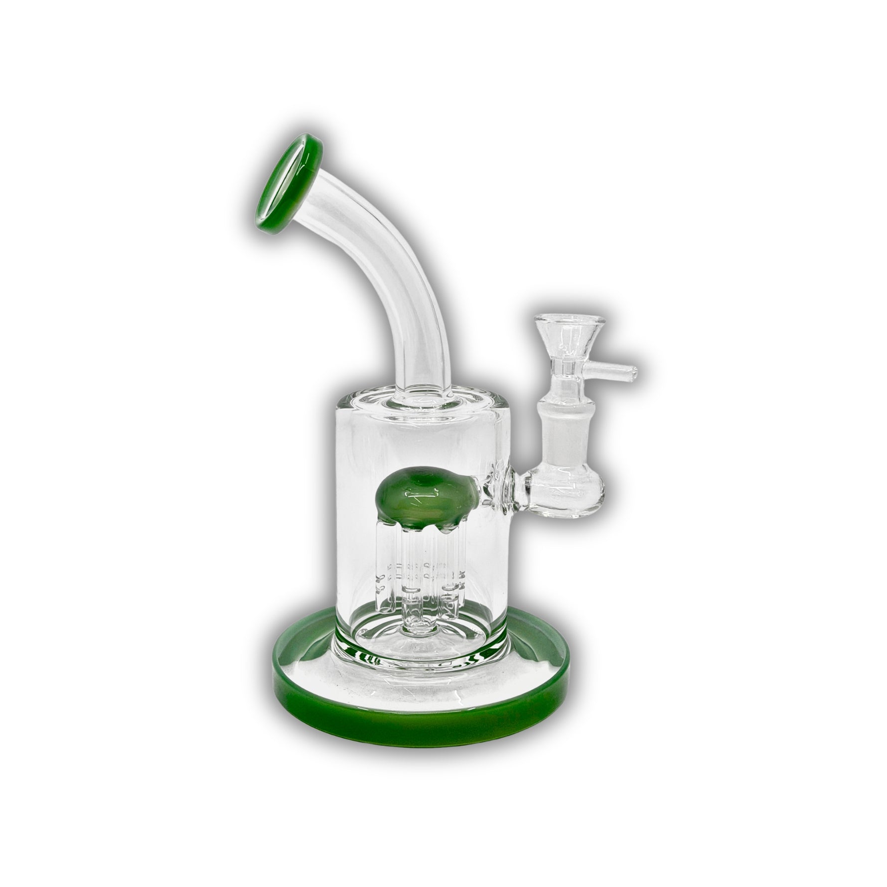 Compact glass water pipe with matrix percolator, angled neck, and blue and green color accents.