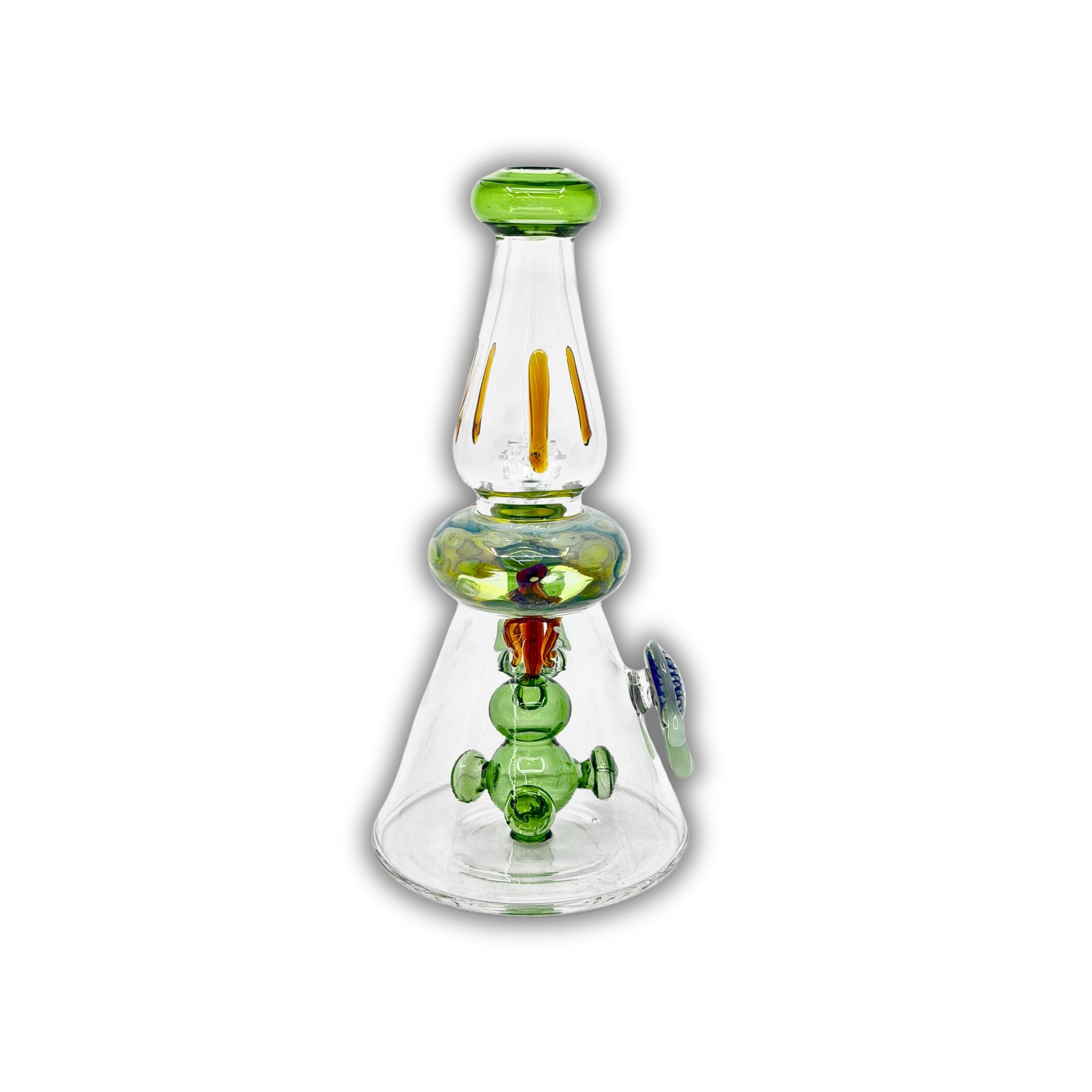 Colorful glass water pipe with artistic drip-style accents, bubble chamber, and detailed percolator design.