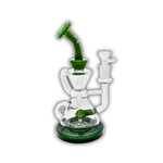 Glass recycler water pipe with inline perc, dual arm tubing, and blue and green color options.