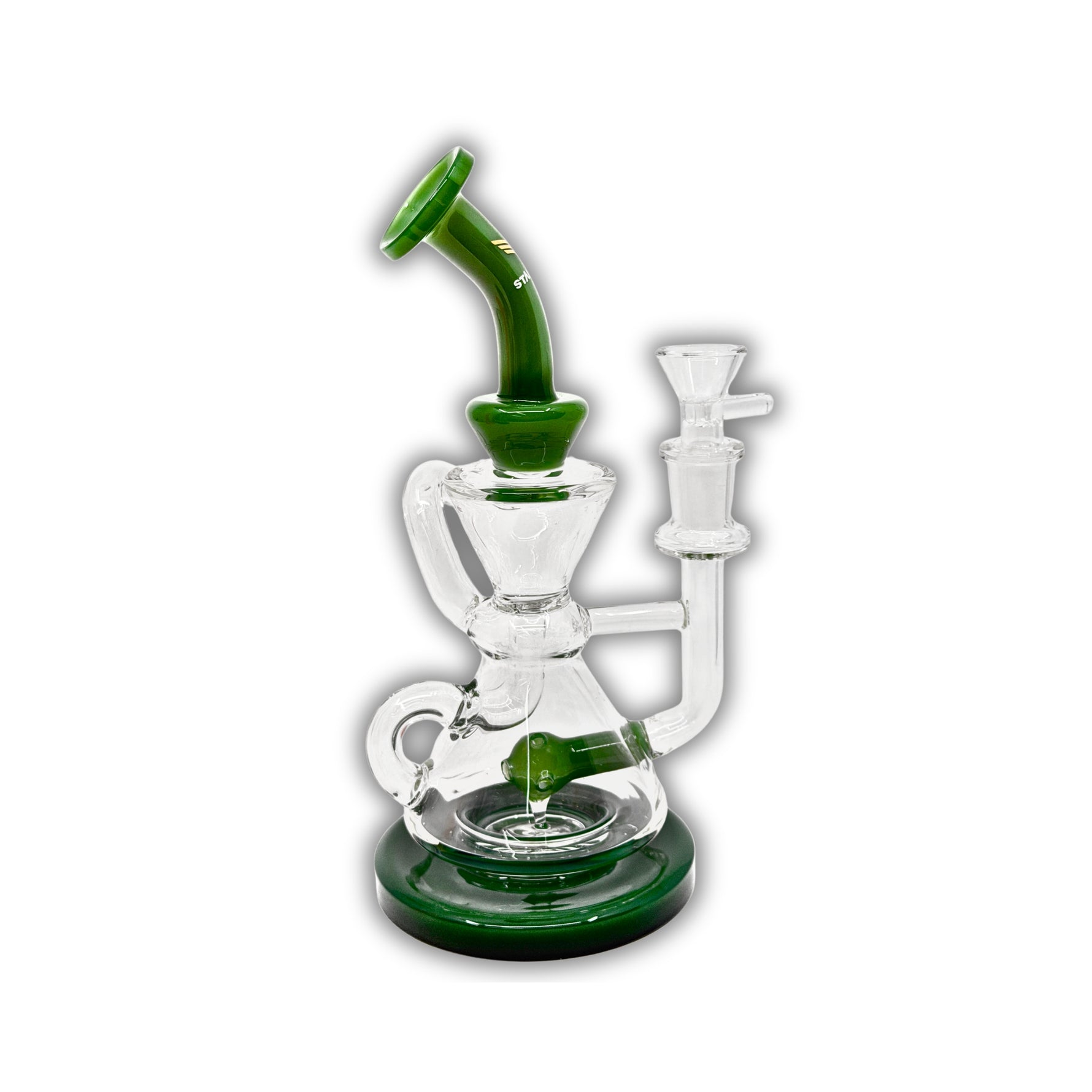 Glass recycler water pipe with inline perc, dual arm tubing, and blue and green color options.