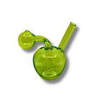Colorful glass oil burner pipes shaped like apples in blue, purple, red, and green with round body and leaf detail.