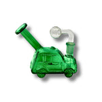 Colorful car-shaped glass oil burner rigs with side mouthpiece and round bowl attachment in assorted transparent colors.