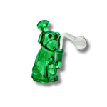 Colorful glass dab rigs shaped like cartoon dogs in blue, yellow, orange, green, purple, and pink with built-in bowl and downstem.