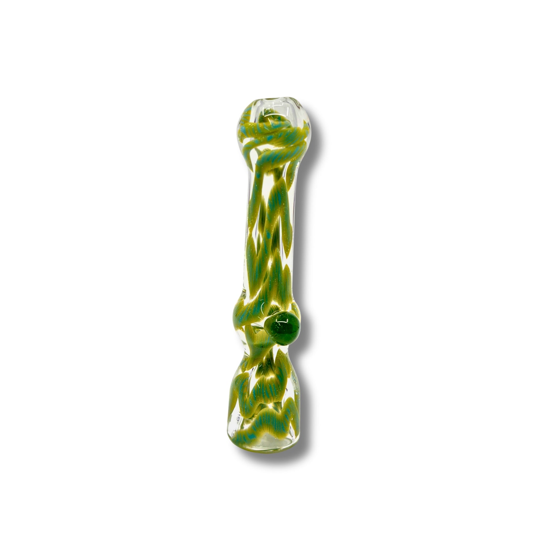 Hand-blown glass chillum pipes with colorful swirl patterns and side grip marble in assorted designs.