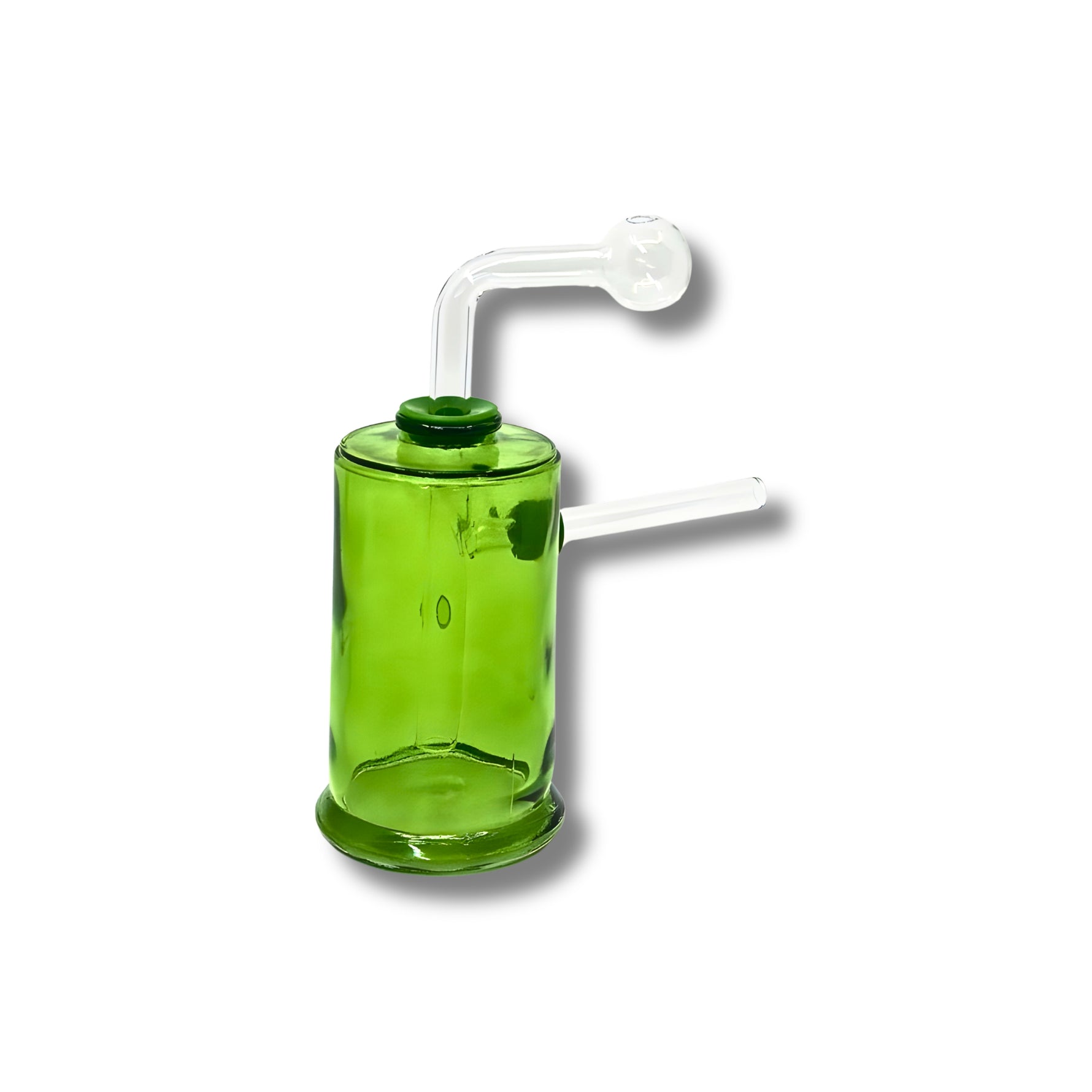 Cylinder-shaped glass dab rigs with side arm and clear top in multiple colors including black, blue, red, yellow, purple, green, and pink.
