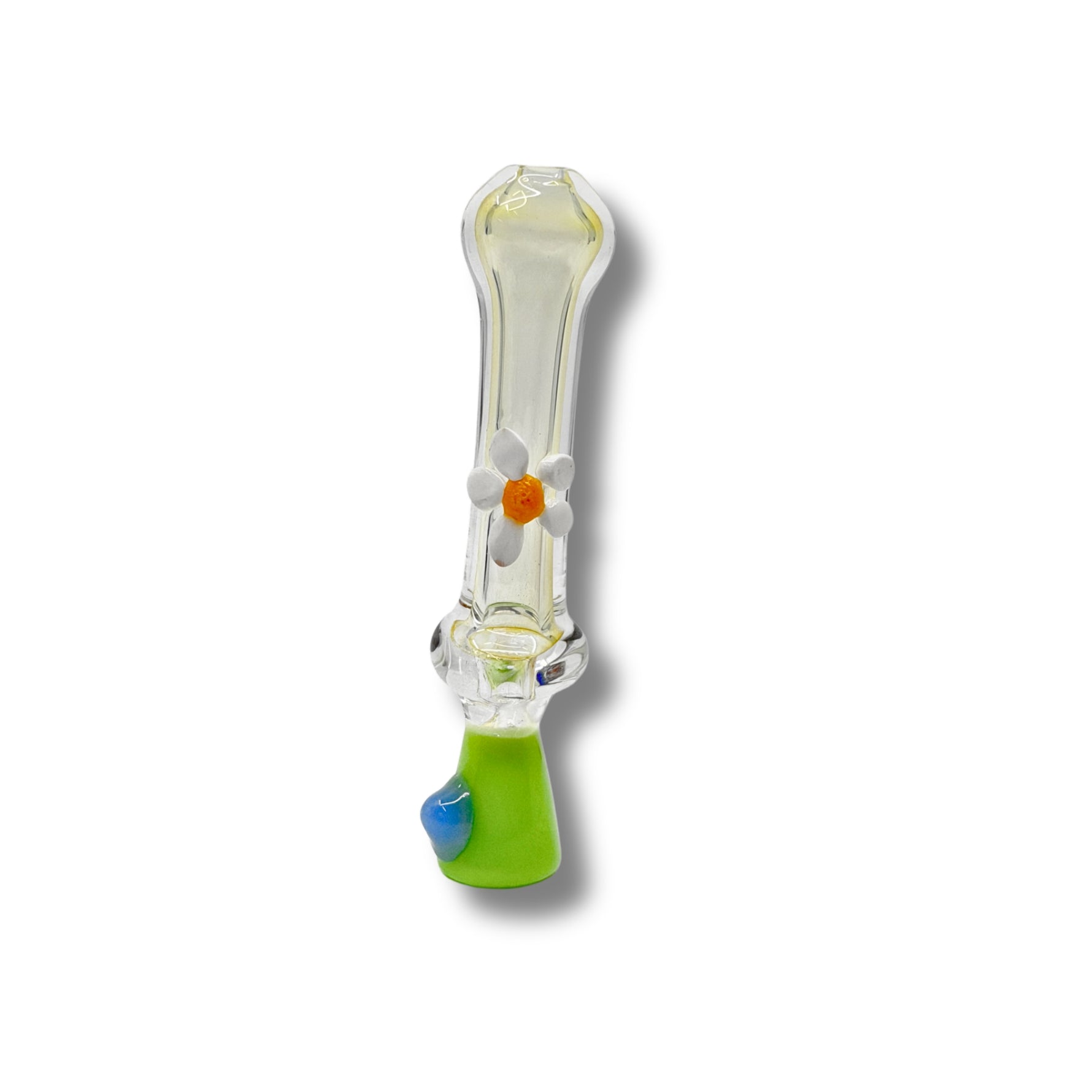 Clear glass chillum pipes with colorful base and white daisy flower accents in assorted designs.