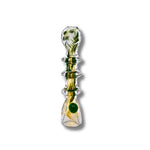 Fumed glass chillum pipes with ring grip design and colorful accents in green, blue, and red.
