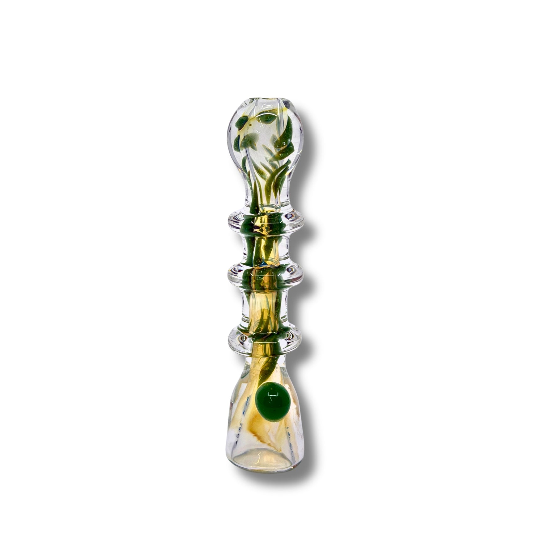 Fumed glass chillum pipes with ring grip design and colorful accents in green, blue, and red.