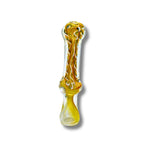 Hand-blown glass chillum pipes with fumed yellow base and colorful swirl patterns inside.