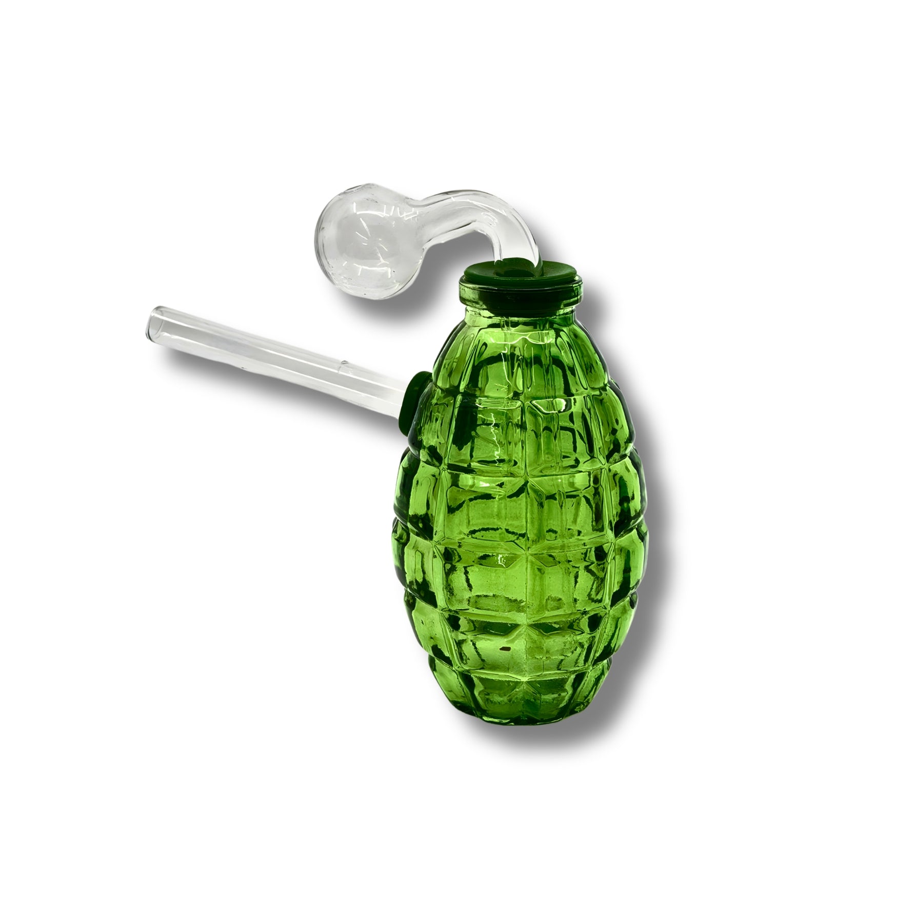 Grenade-shaped glass oil burner pipes in green, red, blue, purple, and amber colors with textured body design.