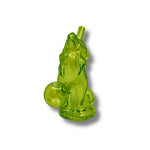 Colorful glass oil burner pipes shaped like howling wolves in pink, green, purple, yellow, and red with round bowl design.