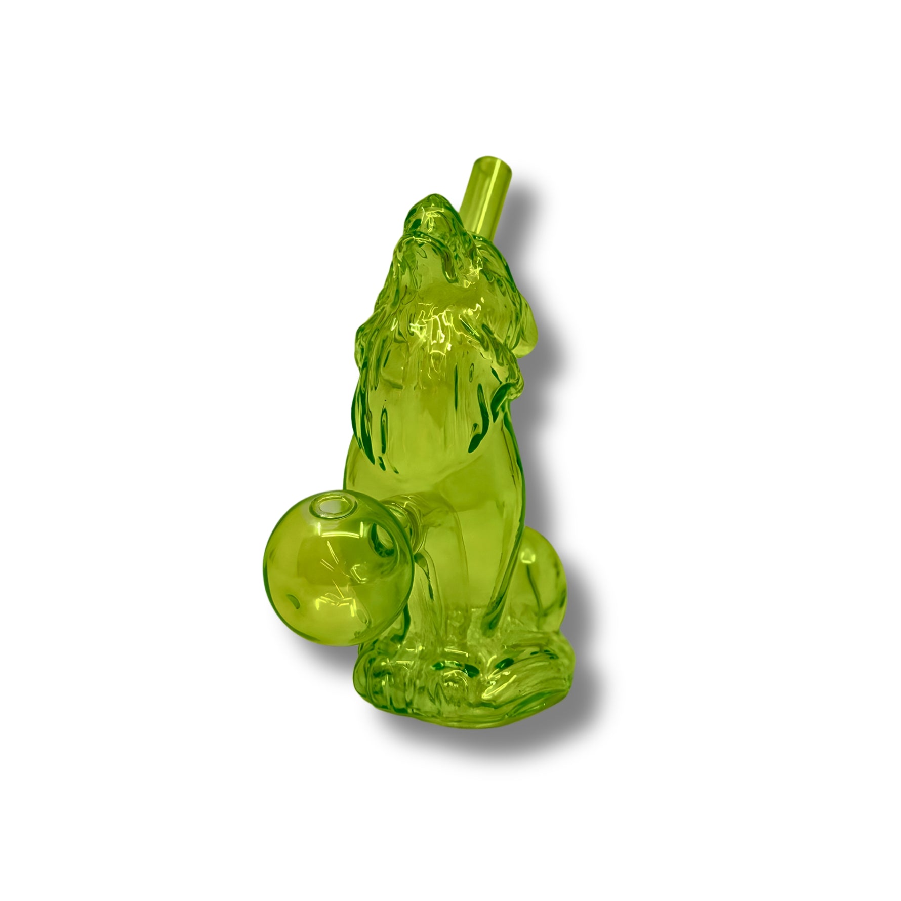 Colorful glass oil burner pipes shaped like howling wolves in pink, green, purple, yellow, and red with round bowl design.