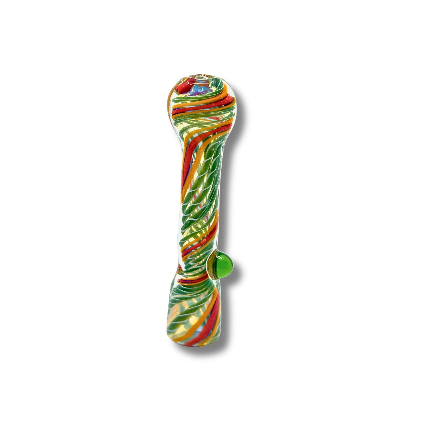 Hand-blown glass chillum pipes with rainbow spiral patterns and side grip marble in assorted vibrant designs.