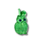 Colorful owl-shaped glass oil burner rigs with big eyes and side mouthpiece in assorted bright transparent colors.
