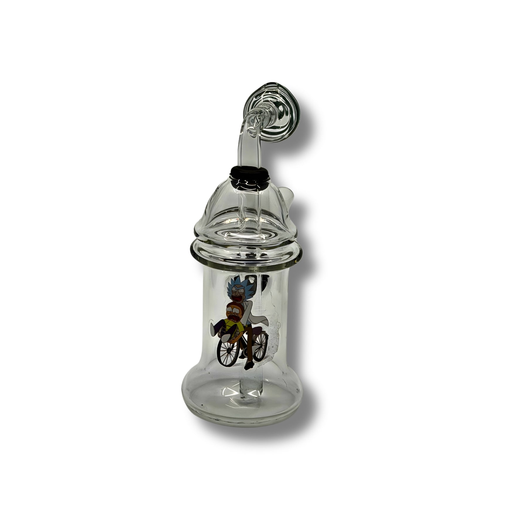 Clear glass dab rigs with printed cartoon graphics and spinner caps in assorted colors, featuring compact chamber design.