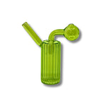 Ribbed cylindrical glass oil burner pipes with side bubble chamber in multiple transparent colors including purple, red, pink, green, blue, and yellow.