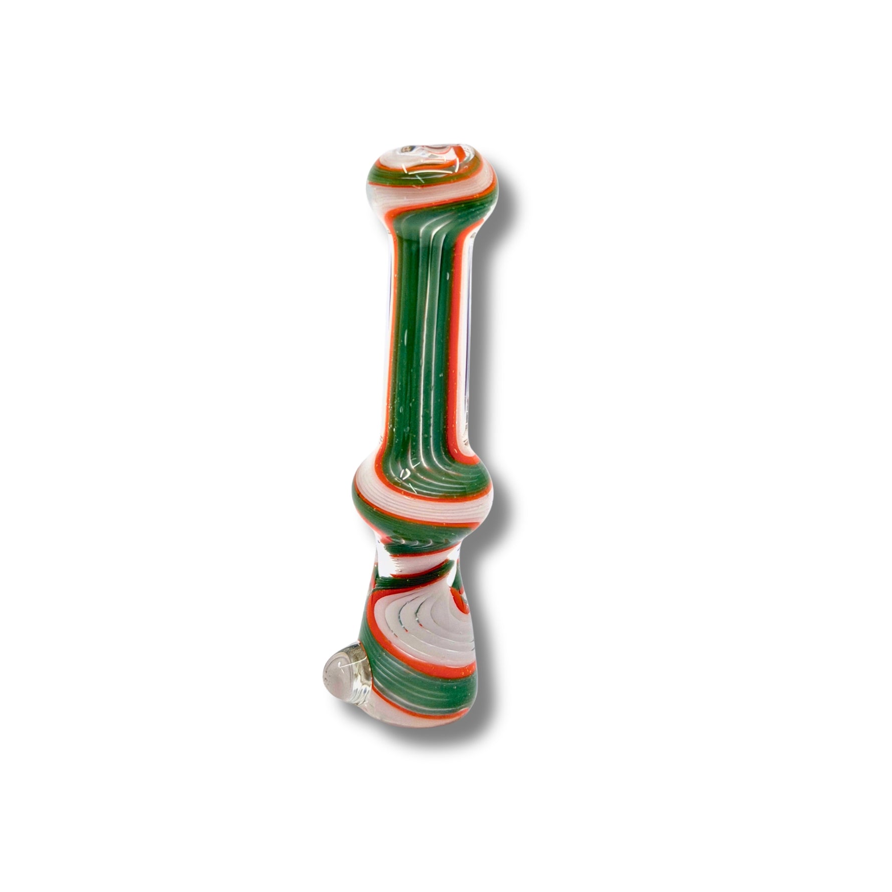 Glass chillum pipes with striped swirl patterns in multiple colors including red, blue, green, white, and yellow.