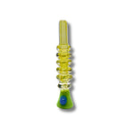 Transparent yellow glass chillum pipes with stacked ring texture and colorful base accents.