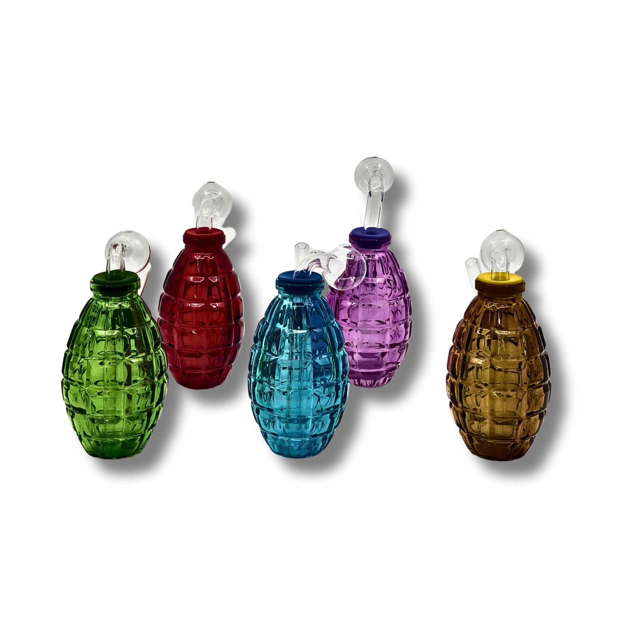 Grenade-shaped glass oil burner pipes in green, red, blue, purple, and amber colors with textured body design.