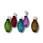 Grenade-shaped glass oil burner pipes in green, red, blue, purple, and amber colors with textured body design.