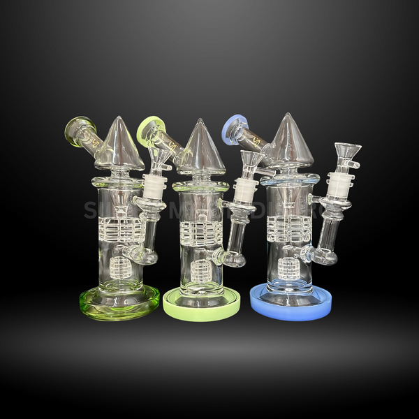 This image displays a set of Grid Pattern Cone Top Glass Water Pipe, model HXCP 437. The water pipes feature a striking design with a cone-shaped top and a grid pattern running vertically along the body.