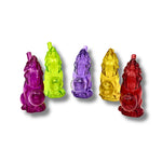 Colorful glass oil burner pipes shaped like howling wolves in pink, green, purple, yellow, and red with round bowl design.
